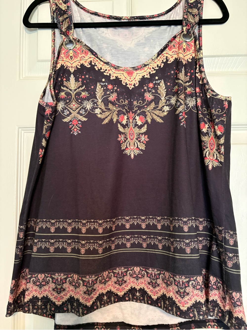 Amazon Essentials Black Tank Top with Coral & Gold Paisley Print